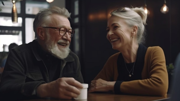 IA generativa una feliz pareja de ancianos disfrutando de un café juntos en una cafetería