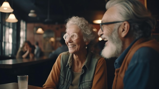 IA generativa una feliz pareja de ancianos disfrutando de un café juntos en una cafetería