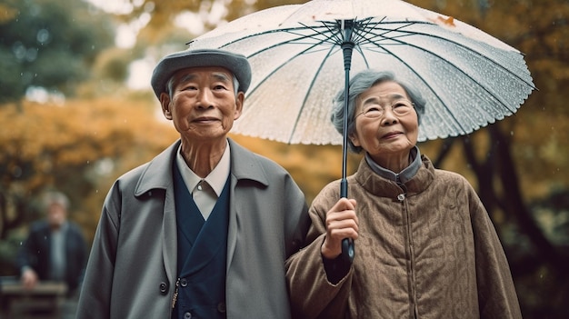 IA generativa una feliz pareja de ancianos japoneses paseando en un parque con sombrillas