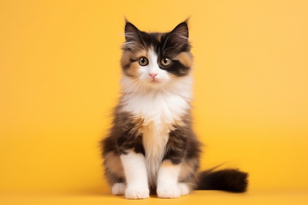 IA generativa Gato de calico jovem bonito de cabelo comprido ou torbie sentado