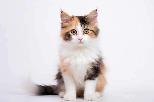 IA generativa Gato de calico jovem bonito de cabelo comprido ou torbie sentado
