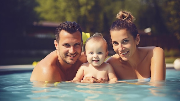 IA generativa gente feliz y un joven en la piscina