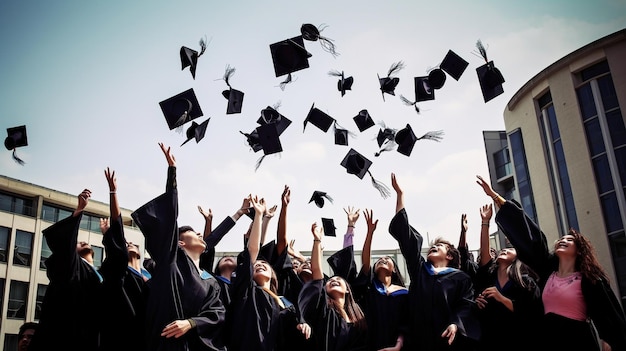 IA generativa, un grupo de graduados lanzando gorras de graduación al aire