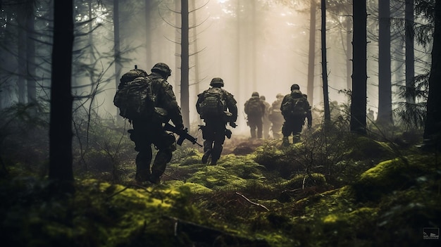 IA generativa un grupo de soldados armados marchando en un bosque