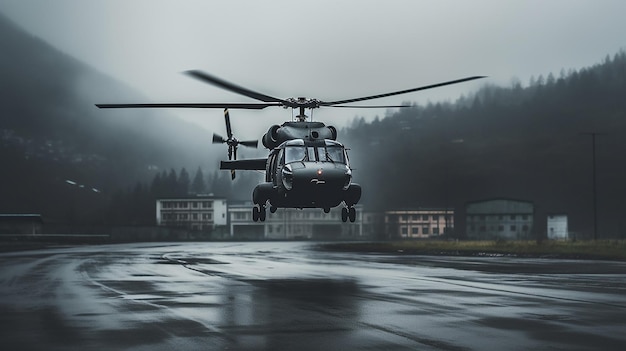 IA generativa: un helicóptero militar que despega de la pista de un aeropuerto hacia el bosque