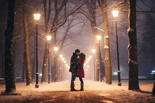 IA generativa Hermosa pareja besándose en un parque nevado