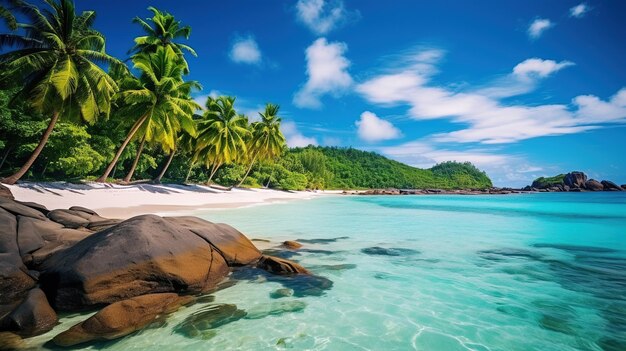 IA generativa Hermosa playa de Seychelles, vacaciones en el océano o en el paisaje marino en el paraíso