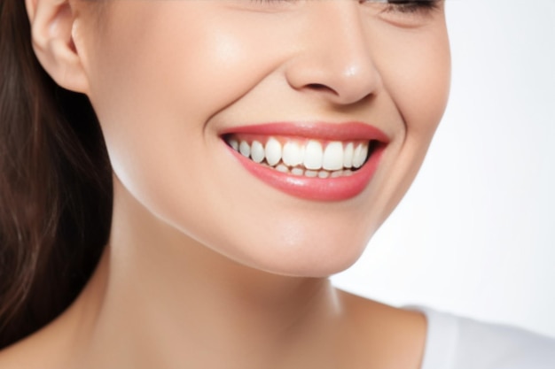 IA generativa Hermosa sonrisa mujer joven Dientes blancos sobre fondo blanco