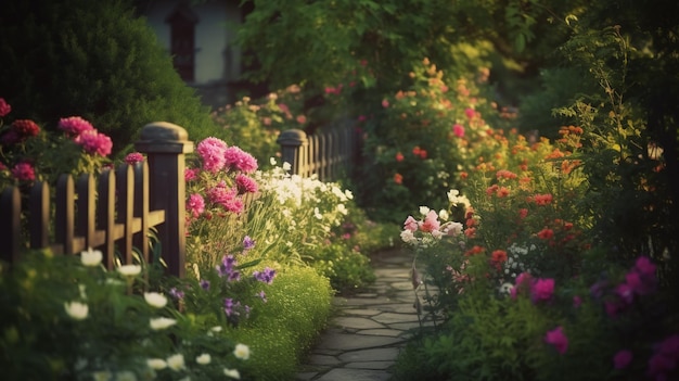 IA generativa Hermoso jardín privado de verano con muchas flores y plantas paisaje natural
