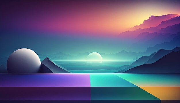 IA generativa Hermoso paisaje con sol y montañas en los colores de moda de los años 80 y 90