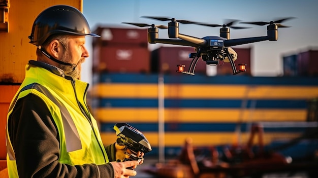 IA generativa un hombre con un dron a bordo de un buque de carga