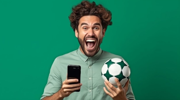 Foto ia generativa de un hombre masculino emocionado que sostiene un teléfono inteligente y se siente ansioso por una apuesta deportiva que hizo en un equipo de fútbol favorito