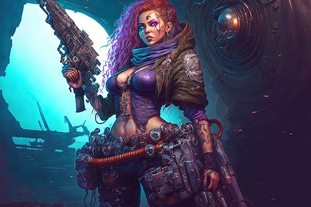 IA generativa IA generativa Mujer hermosa Cyberpunk cazadora espacial con un arma grande y equipo militar