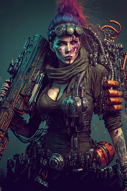 IA generativa IA generativa Mulher bonita Caçadora de espaço Cyberpunk com uma grande arma e equipamento do exército