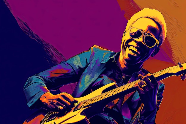 IA generativa Ilustração digital Ilustração do estilo Andy Warhol de músico tocando violão