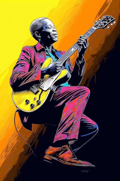 IA generativa Ilustração digital Ilustração do estilo Andy Warhol de músico tocando violão