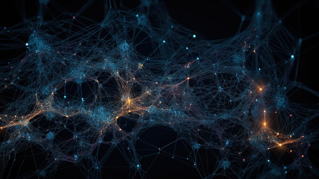 IA generativa Ilustración conceptual de células neuronales con nudos de enlace brillantes en un espacio oscuro abstracto