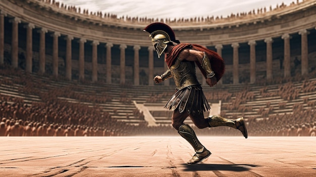 IA generativa Ilustración realista de un feroz gladiador atacando a un gladiador romano blindado corriendo