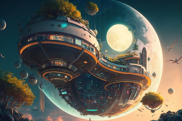 IA generativa imagina uma cidade flutuante Arquitetura de alta tecnologia Levitando jardins nas nuvens