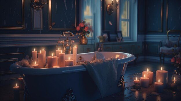 IA generativa Interior de baño moderno con velas encendidas por la noche