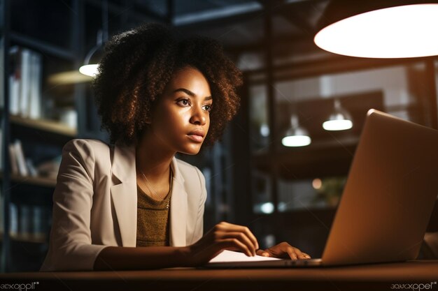 IA generativa jovem empresária usando laptop em um escritório