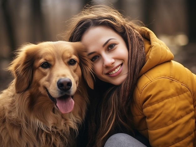 IA generativa Jovem encantadora e sorridente com dois cachorros dourados A garota abraça seus animais de estimação Amor e um