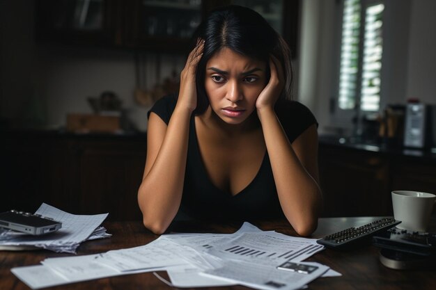 IA generativa Una joven estresada revisando sus facturas que reflejan tensiones financieras durante una recreación