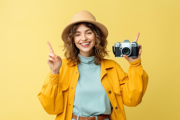 IA generativa Joven mujer rubia tomando fotografías usando una cámara vintage sobre un fondo aislado doi