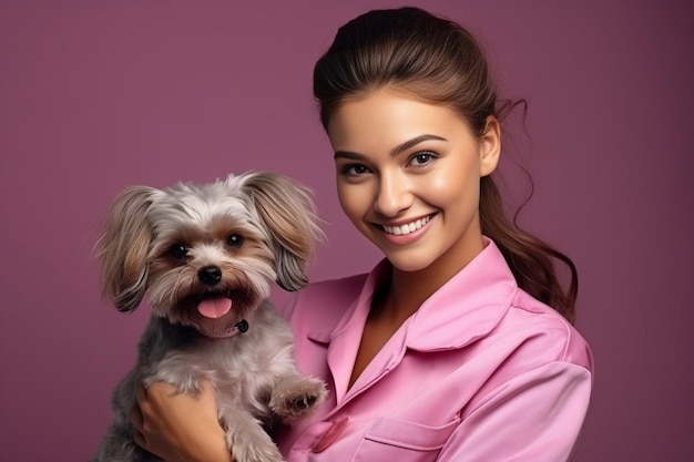 Foto ia generativa la joven peluquera profesional caucásica ama su trabajo relacionado con las mascotas