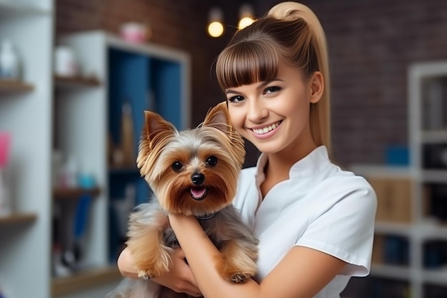 IA generativa La joven peluquera profesional caucásica ama su trabajo relacionado con las mascotas