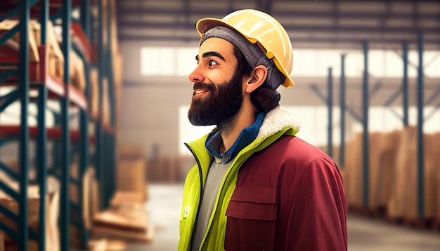 IA generativa joven trabajador feliz hombre con sombrero y barba trabajando en almacén