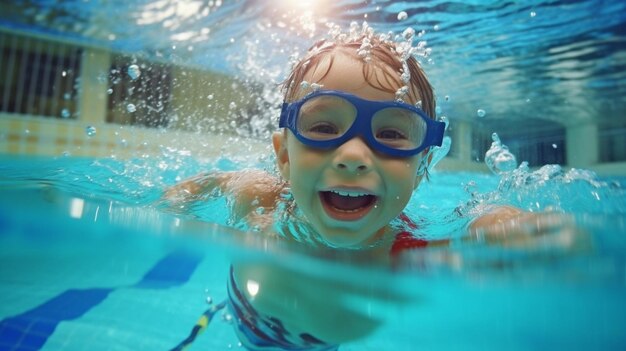 IA generativa de un lindo y alegre niño nadando en la piscina mientras usa gafas