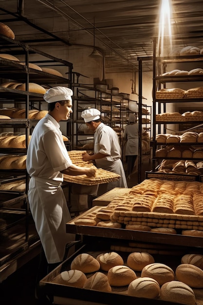 IA generativa Línea automática de producción de panadería con pan en la fábrica de panaderías