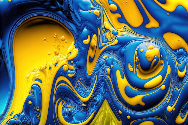 IA generativa, líquido fluindo com salpicos na cor azul e amarela. Fluido de bandeira ucraniana brilhante
