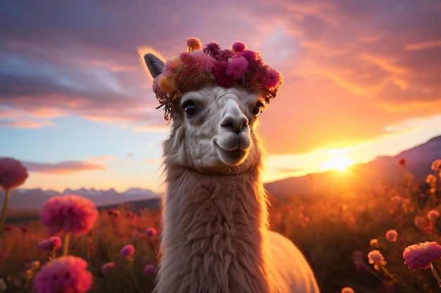 Foto ia generativa de llama coronada de flores