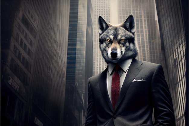 Foto ia generativa: un lobo con traje y corbata en la calle