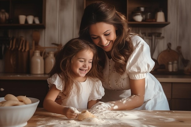 IA generativa Madre joven cariñosa y adorable hijita cocinando en la cocina