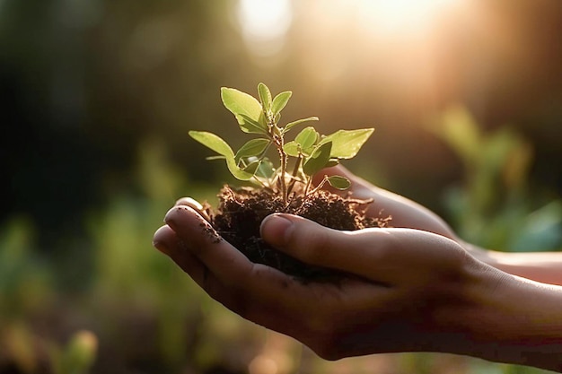 IA generativa Mano sosteniendo planta joven