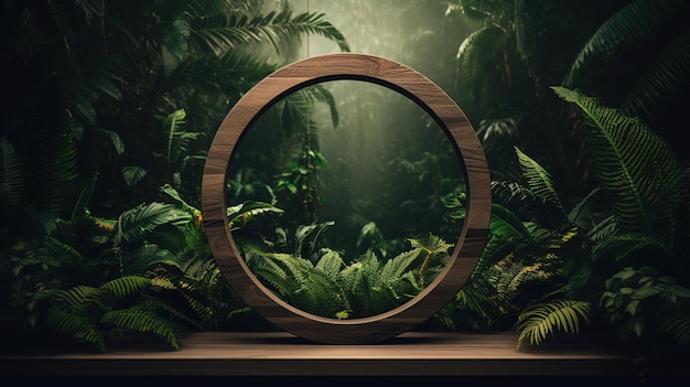 IA generativa Marco de madera circular vacío y hojas tropicales sobre fondo de jungla Para exhibición de productos