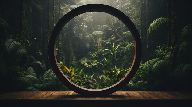 IA generativa Marco de madera circular vacío y hojas tropicales sobre fondo de jungla Para exhibición de productos