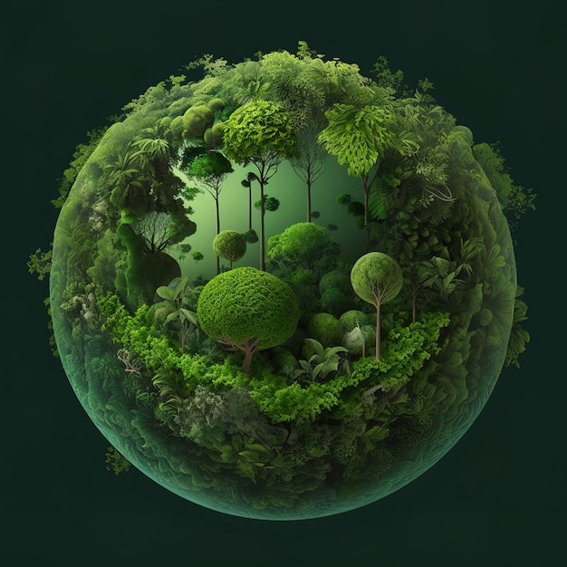IA generativa un mini planeta tierra verde Ilustración del planeta Tierra con un árbol gigante Ecología de ahorro de energía y medio ambiente concepto de conservación de recursos sostenibles