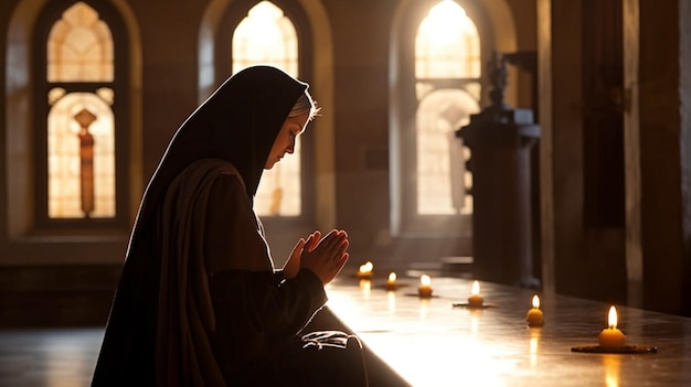 Foto ia generativa una monja rezando en un monasterio