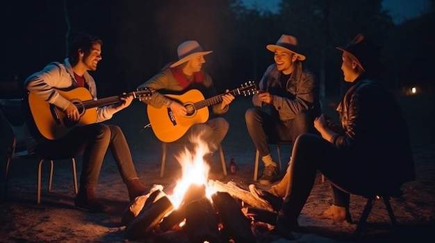 IA generativa mostra um grupo de indivíduos se divertindo sentados ao redor de uma fogueira à noite tocando violão, cantando e brincando sobre