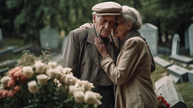 IA generativa mostra um idoso carregando flores e consolando uma mulher emocionada em meio a lápides