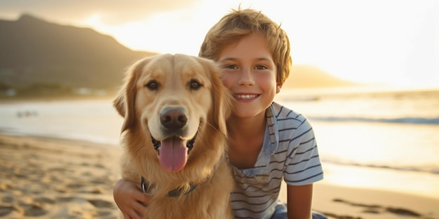 IA generativa mostra um jovem e seu cachorro Golden Retriever aproveitando as férias de verão em um resort à beira-mar e descansando na praia de verão do Havaí