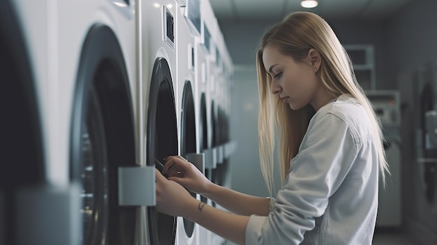 Ia generativa mostra uma jovem inserindo uma moeda em uma máquina de lavar na lavanderia