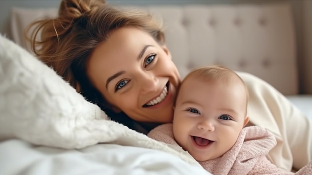 Ia generativa mostra uma nova mãe alegre segurando seu lindo filho enquanto está deitada na cama