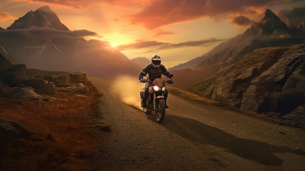 IA generativa Motociclista en la calle montando en el cielo del atardecer divirtiéndose conduciendo la carretera vacía