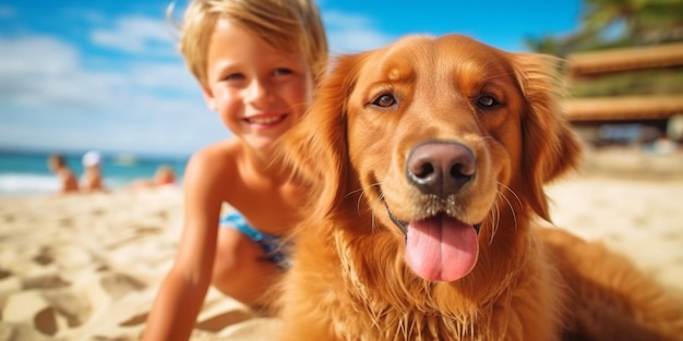 La IA generativa muestra a un joven y su perro Golden Retriever disfrutando de las vacaciones de verano en un balneario y descansando en la playa de verano de Hawái.