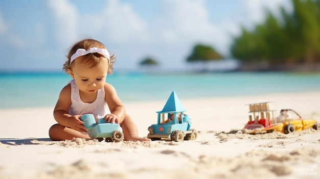 La IA generativa muestra a un lindo bebé jugando con juguetes en una hermosa playa